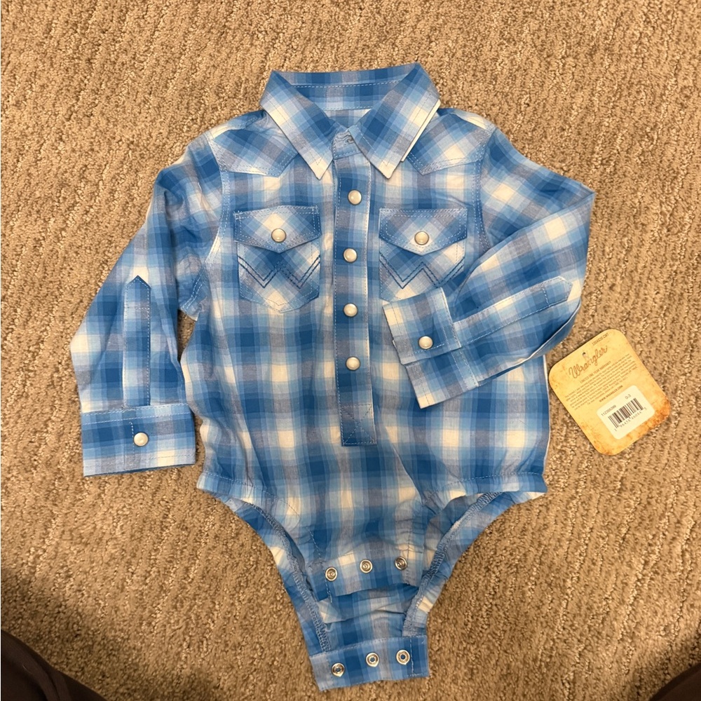 Wrangler Blue and White Plaid Button-Down Onesie